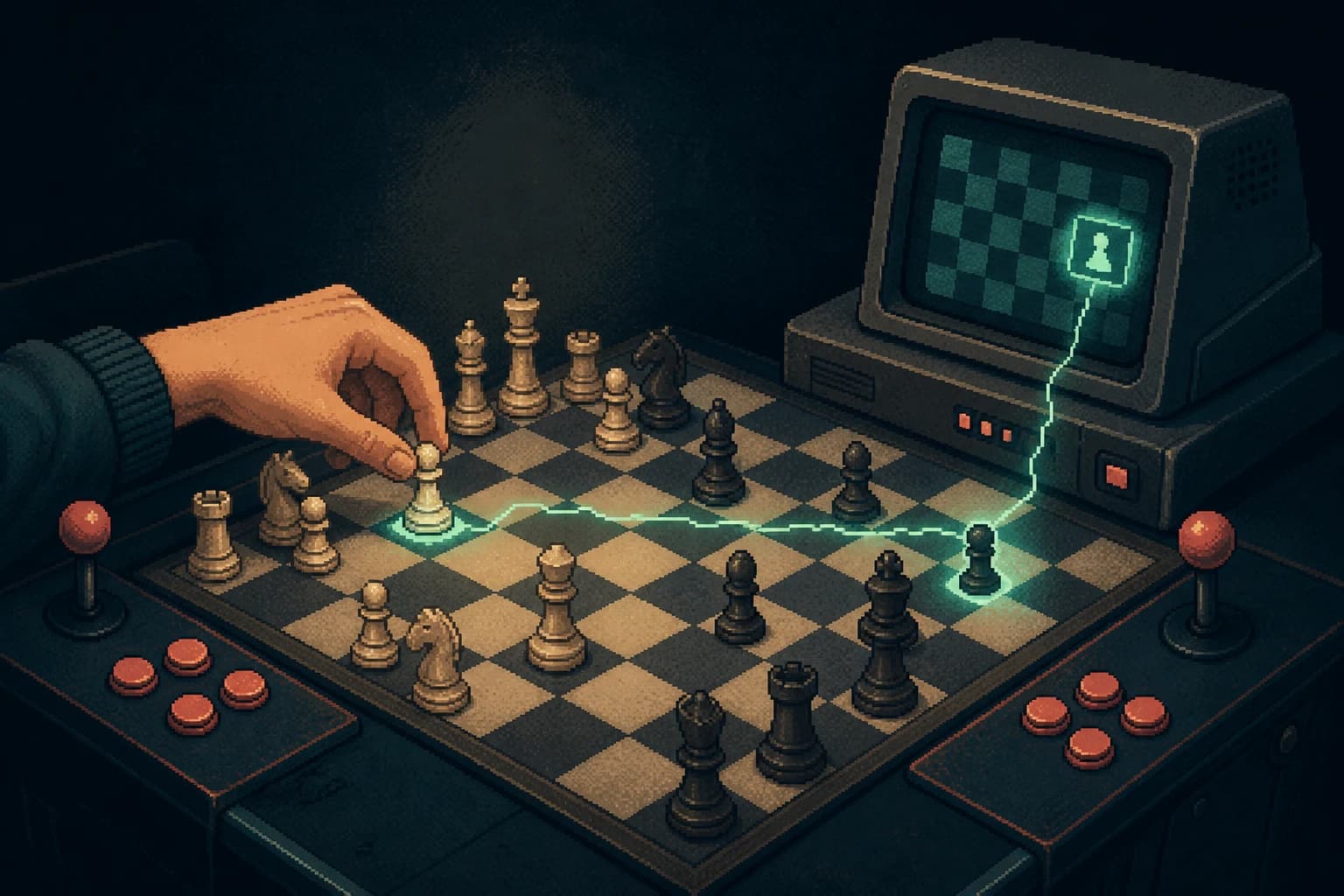 Pixel-art chess match between a human hand and an arcade computer